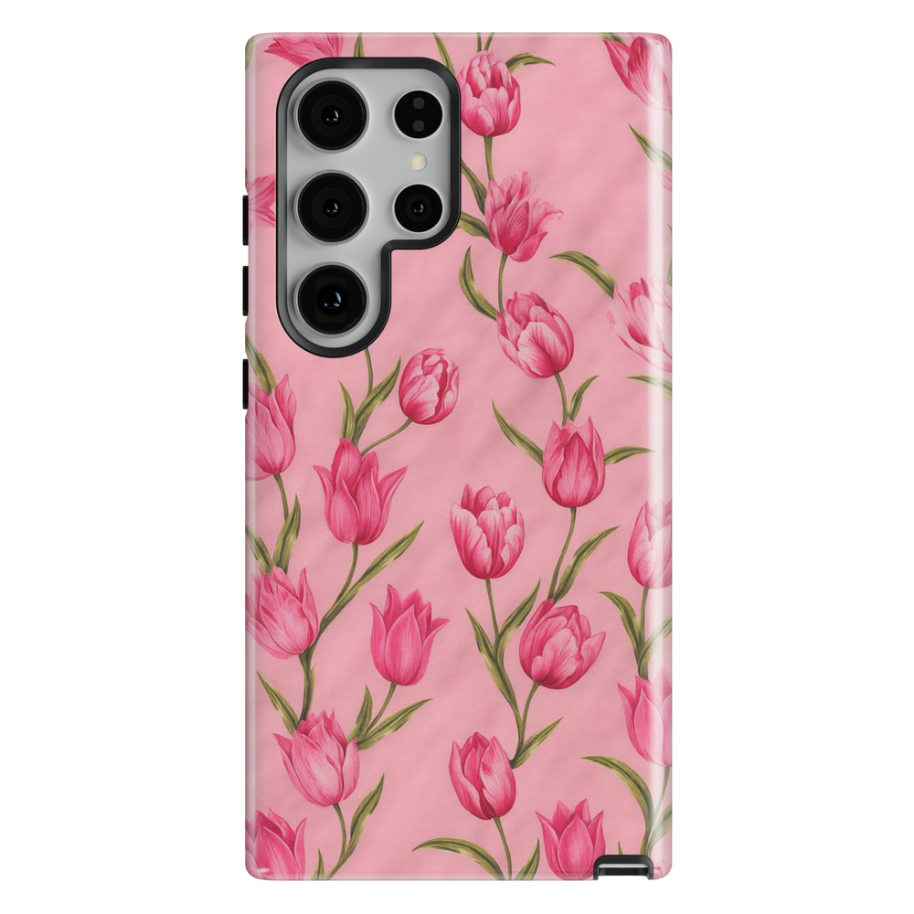 Pink tulip floral Samsung Galaxy S26 Ultra case with soft pink background and delicate spring flower pattern.