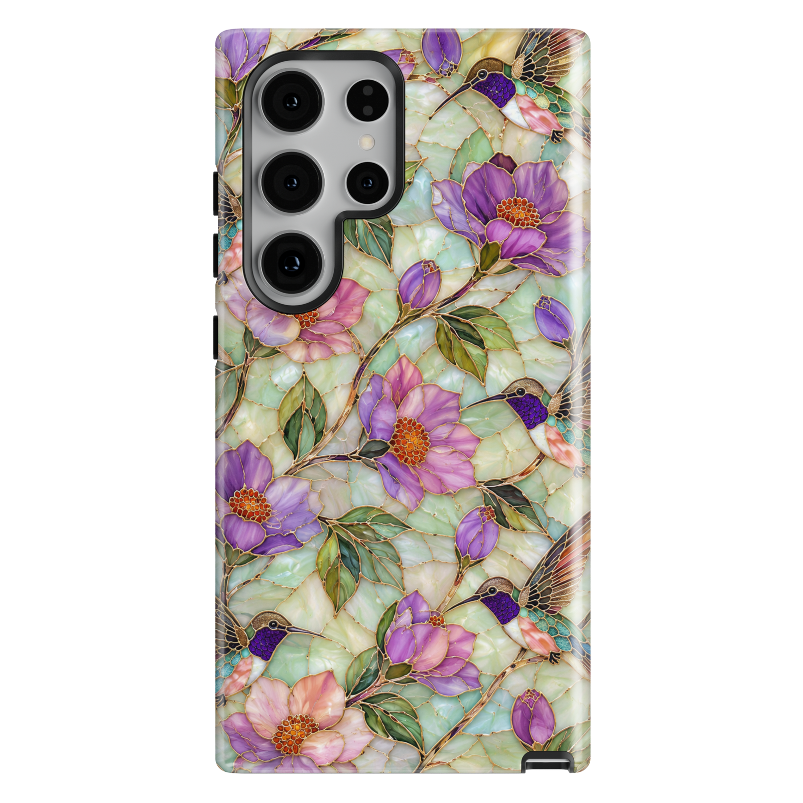 Luxury Samsung Galaxy phone case featuring hummingbirds, lavender flowers, pastel botanical artwork, and elegant gold detailing.