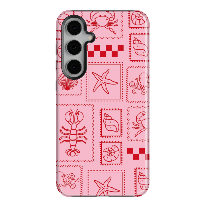 Samsung Galaxy Case with Red Sea Life Stamps – Pink Coastal Nautical Design