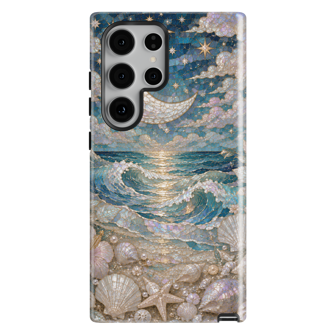 Samsung Galaxy phone case featuring moonlit ocean waves, crescent moon, seashells, pearls, starfish, and a blue stained-glass mosaic coastal design.