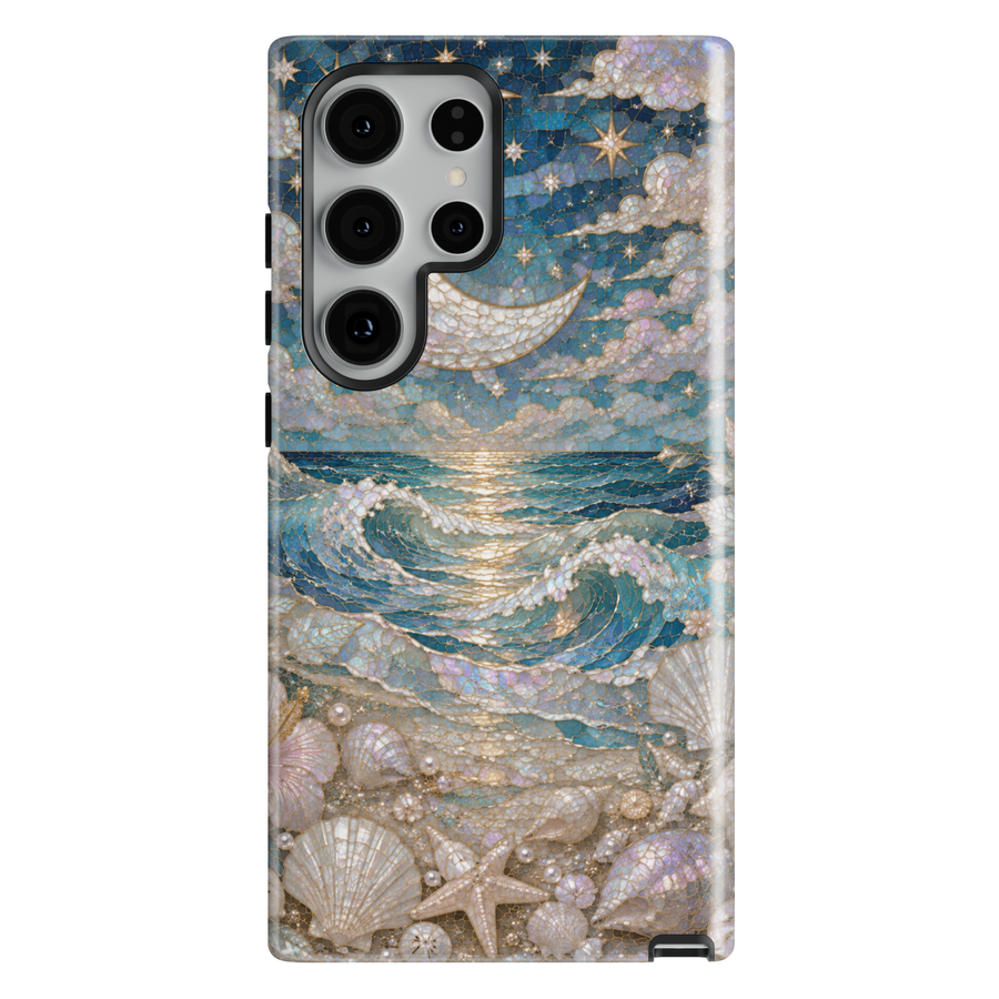 Samsung Galaxy phone case featuring moonlit ocean waves, crescent moon, seashells, pearls, starfish, and a blue stained-glass mosaic coastal design.