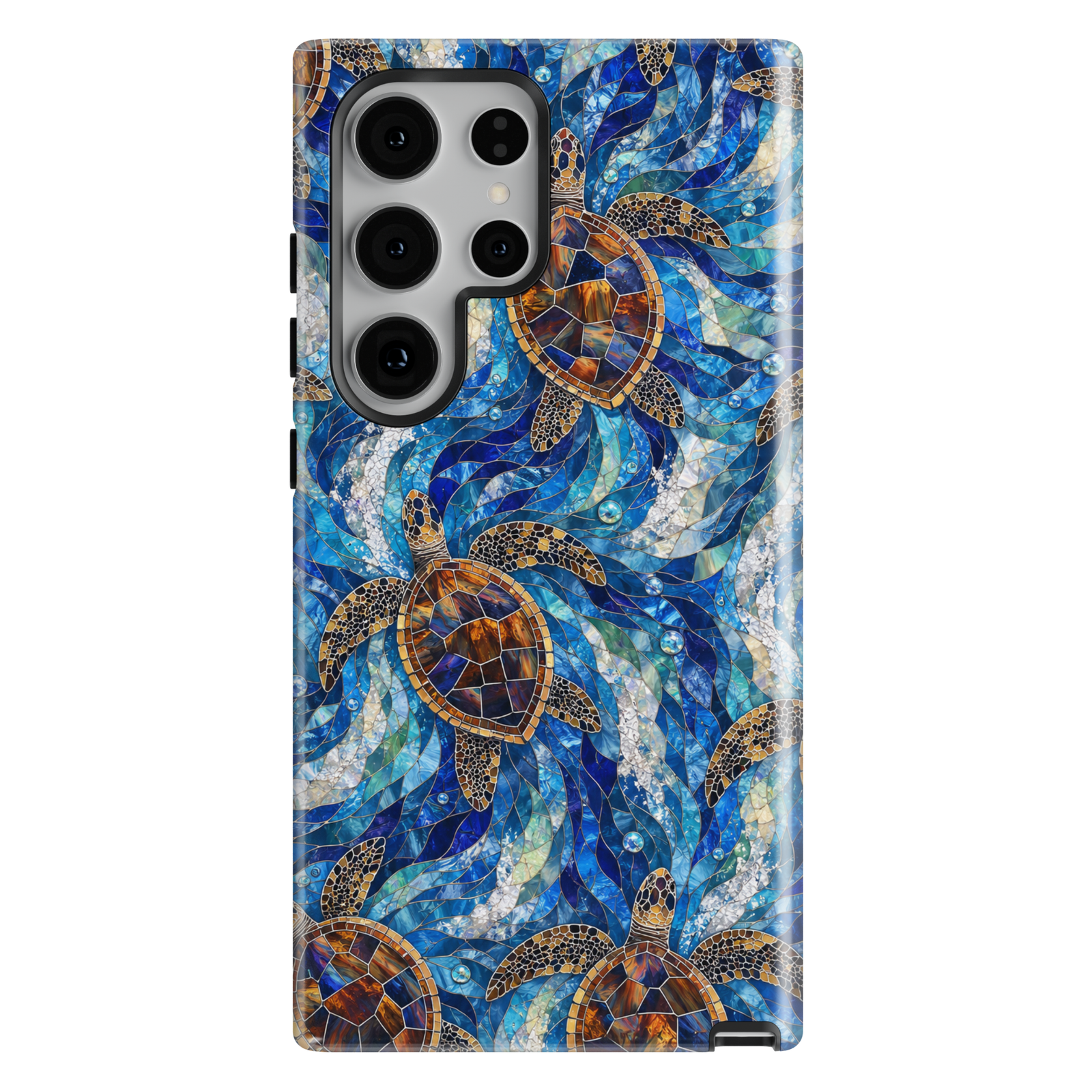 Sea turtle Samsung Galaxy case featuring ocean waves, marine life artwork, stained glass style turtles, and vibrant blue coastal colors.