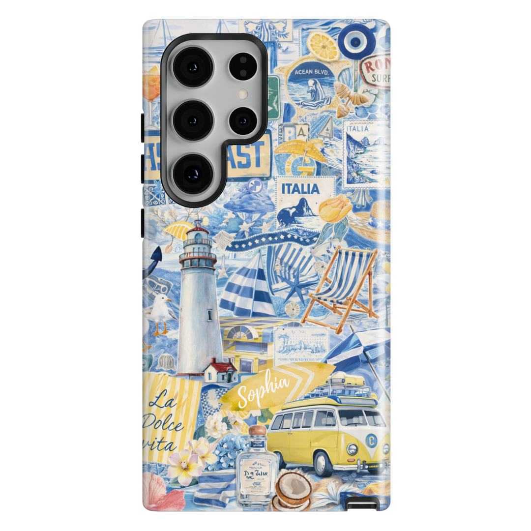 Blue coastal beach collage phone case with lighthouse and travel aesthetic for iPhone 17 Pro Max and Samsung Galaxy S26 Ultra.