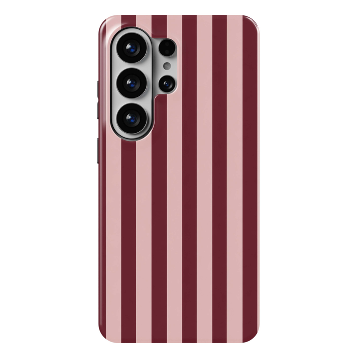 Cherry Lines Samsung Galaxy S26 Ultra case featuring clean vertical stripes in deep burgundy, cherry red and blush pink, a feminine preppy Galaxy S26 Ultra tough phone case with bold striped design for Samsung Galaxy S26, S26 Plus and S26 Ultra.