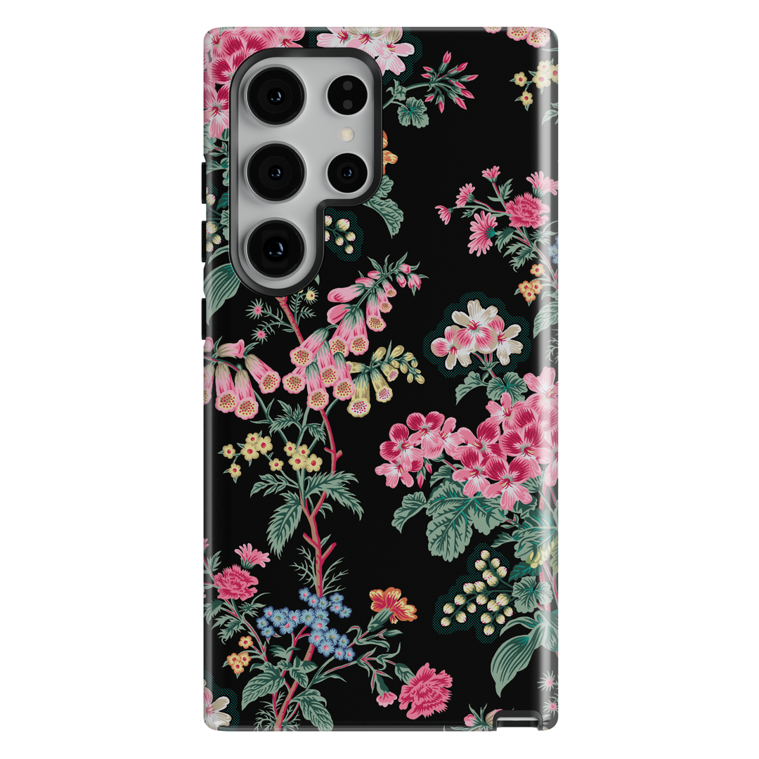 Black floral botanical Samsung Galaxy S26 case with pink vintage flowers aesthetic protective tough case for Samsung Galaxy S26 Ultra, Galaxy S25 Ultra, S25 Plus stylish garden flower phone cover
