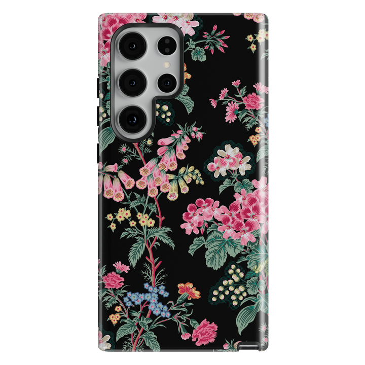 Black floral botanical Samsung Galaxy S26 case with pink vintage flowers aesthetic protective tough case for Samsung Galaxy S26 Ultra, Galaxy S25 Ultra, S25 Plus stylish garden flower phone cover