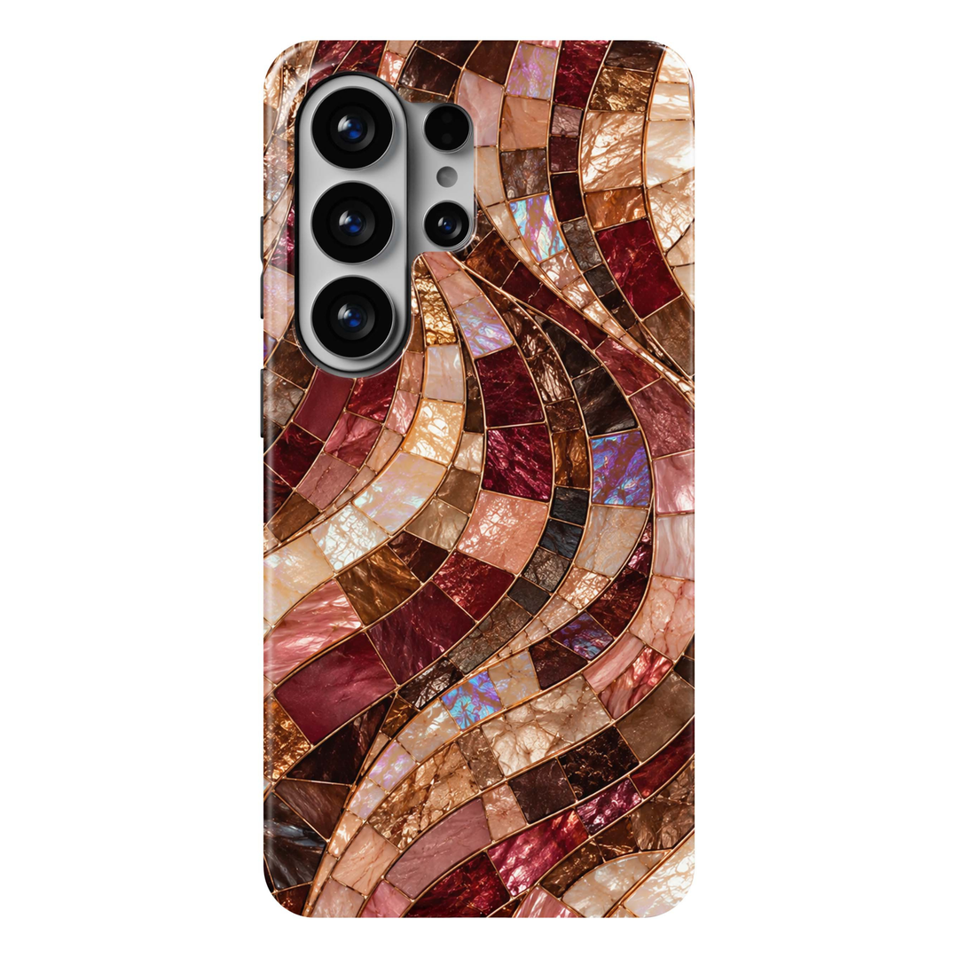 Autumn Mosaic Samsung Galaxy S26 Ultra case featuring flowing stained-glass mosaic tiles in burgundy, wine, espresso brown, bronze, champagne, blush and pearlescent ivory with delicate gold detailing, a luxurious tough Samsung Galaxy fall phone case.