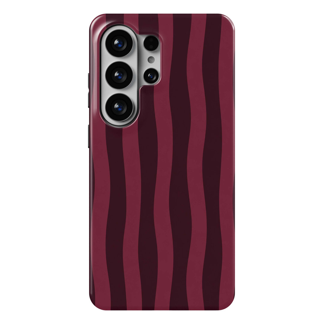 After Dark Samsung Galaxy S26 Ultra case featuring vertical wavy stripes in deep burgundy, dark wine and oxblood red, a moody retro Galaxy S26 Ultra tough phone case with striped design for Samsung Galaxy S26, S26 Plus and S26 Ultra.