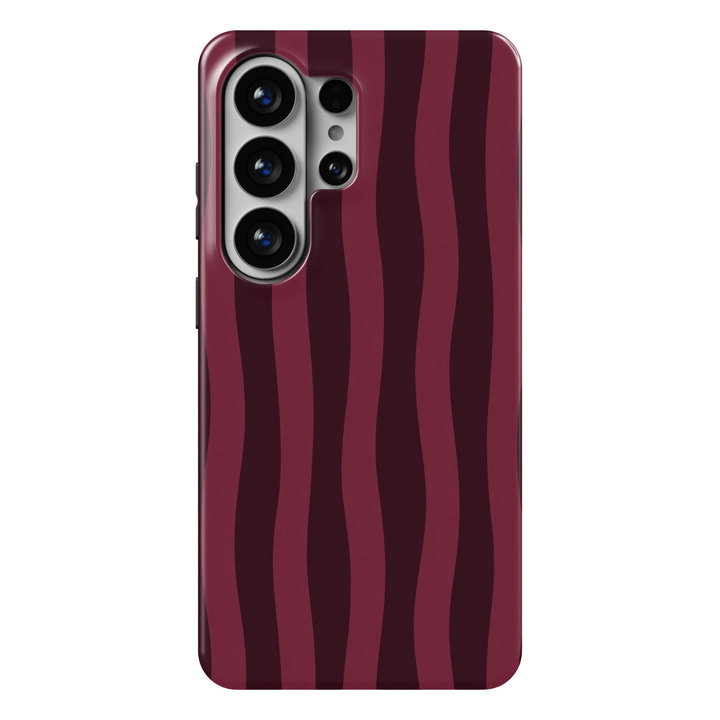 After Dark Samsung Galaxy S26 Ultra case featuring vertical wavy stripes in deep burgundy, dark wine and oxblood red, a moody retro Galaxy S26 Ultra tough phone case with striped design for Samsung Galaxy S26, S26 Plus and S26 Ultra.