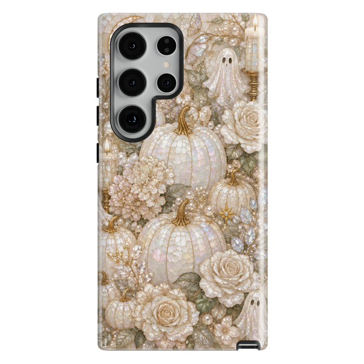 Samsung Galaxy phone case featuring pearl pumpkins, cute ghosts, ivory roses, candles, butterflies, and elegant stained-glass mosaic artwork.
