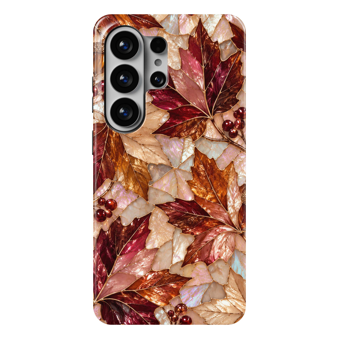 Autumn Opal Samsung Galaxy S26 Ultra case featuring pearlescent maple leaves in burgundy, copper, bronze, champagne, blush and ivory with red berries and gold detailing, a luxurious stained-glass-inspired tough Samsung Galaxy fall phone case.