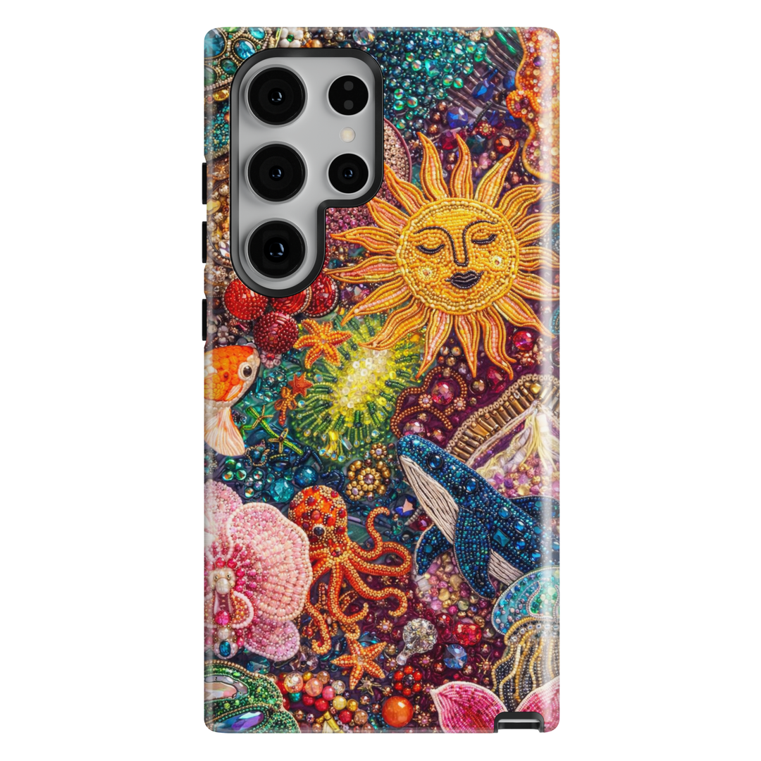 Maximalist sea life phone case with vibrant gems, sun motif and underwater aesthetic for iPhone 16 Pro Max and Samsung Galaxy S25 Ultra