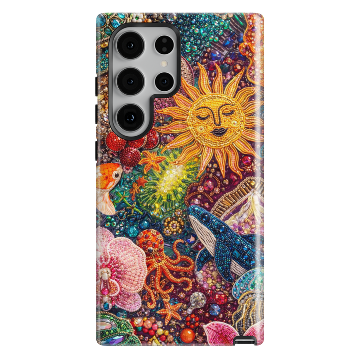 Maximalist sea life phone case with vibrant gems, sun motif and underwater aesthetic for iPhone 16 Pro Max and Samsung Galaxy S25 Ultra