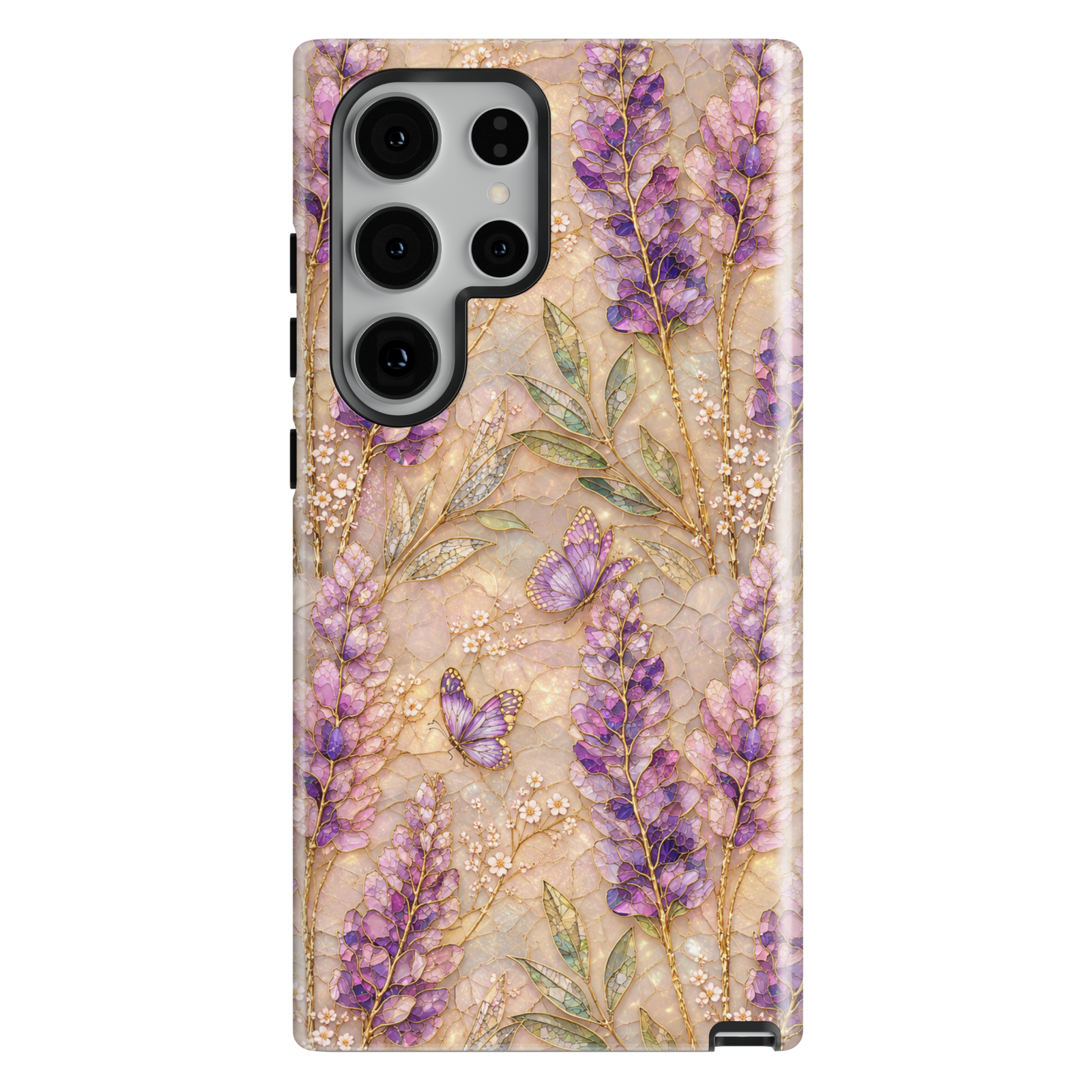 Elegant lavender butterfly phone case featuring purple wildflowers, delicate butterflies, gold botanical details, and a soft pearl-inspired background.