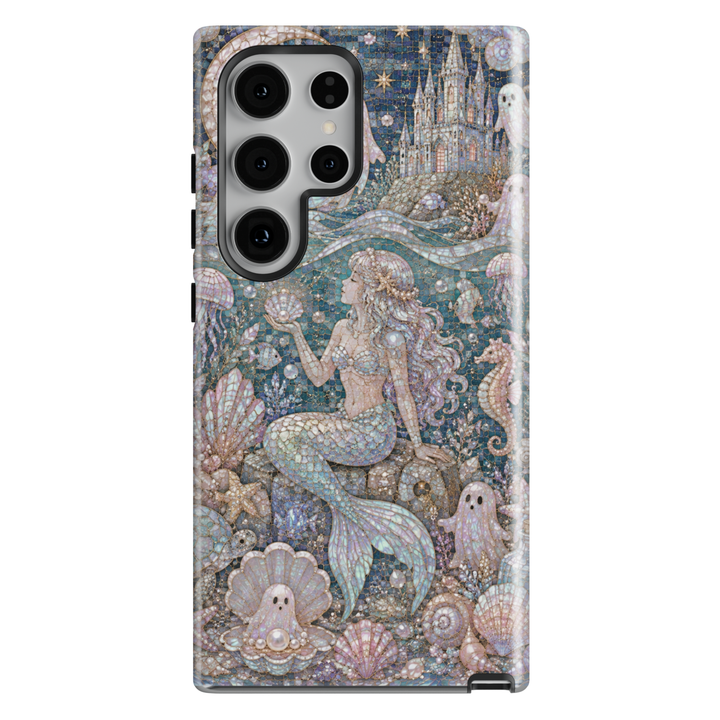 Samsung Galaxy phone case featuring a pearl mermaid, cute ghosts, ocean castle, seashells, jellyfish, pearls, and stained-glass mosaic artwork.