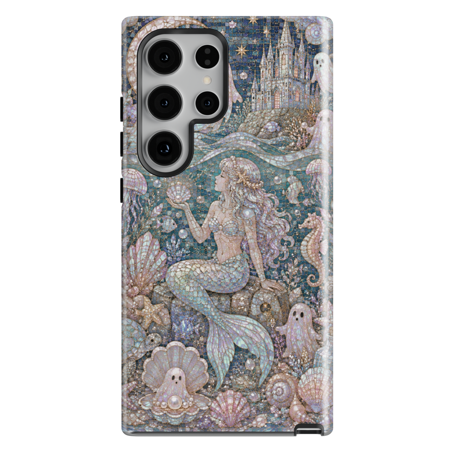 Samsung Galaxy phone case featuring a pearl mermaid, cute ghosts, ocean castle, seashells, jellyfish, pearls, and stained-glass mosaic artwork.