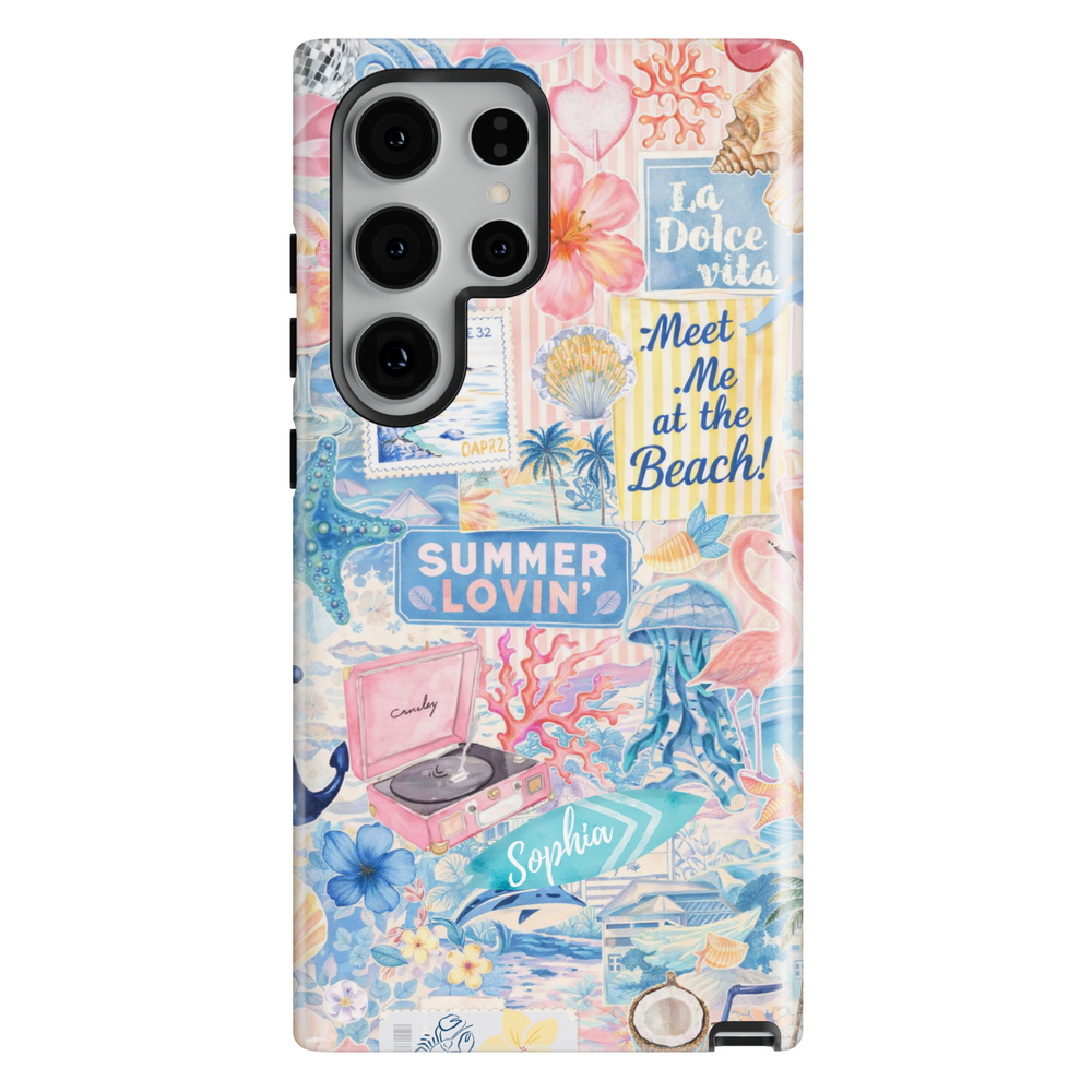 Summer beach collage phone case aesthetic with ocean, seashells, and coastal elements for iPhone 17 Pro Max and Samsung Galaxy S26 Ultra.