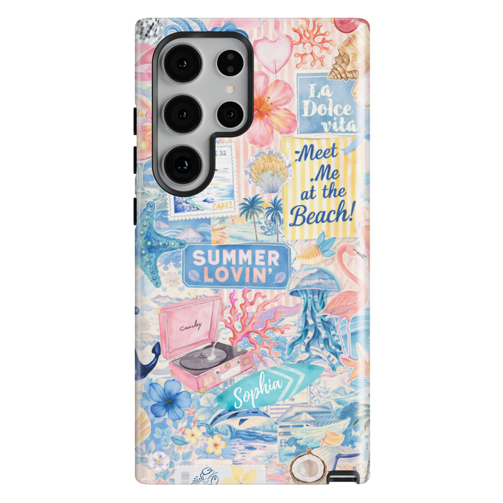 Summer beach collage phone case aesthetic with ocean, seashells, and coastal elements for iPhone 17 Pro Max and Samsung Galaxy S26 Ultra.