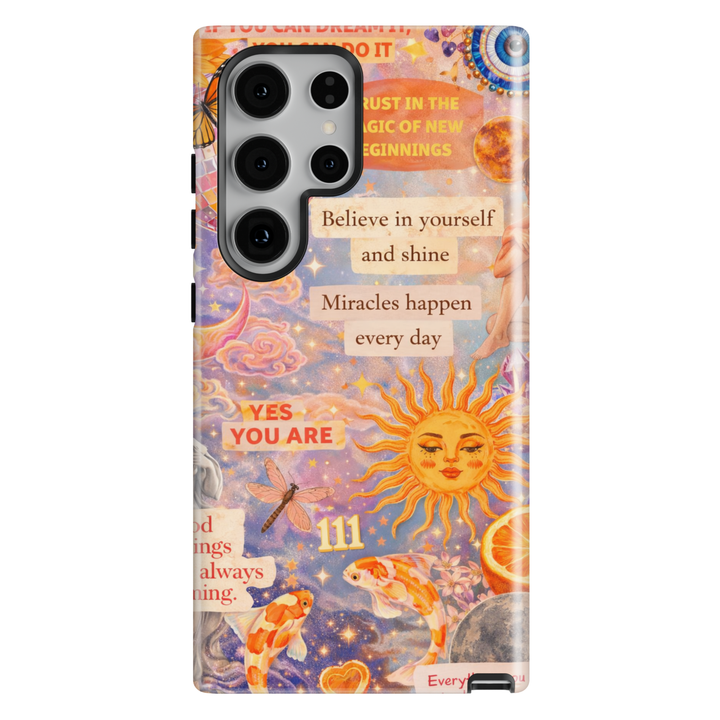 Spiritual aesthetic phone case with sun illustration, 111 angel number and positive quotes for iPhone 16 Pro Max and Samsung Galaxy S25 Ultra