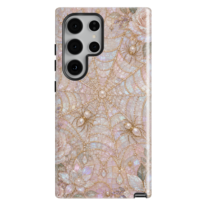 Samsung Galaxy phone case featuring elegant pearl spider webs, golden spiders, blush florals, pearls, and stained-glass mosaic artwork.