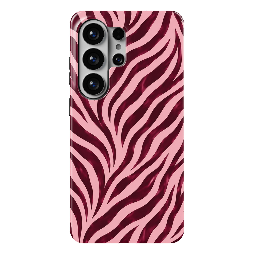 Wild Cherry Samsung Galaxy S26 Ultra case featuring bold zebra stripes in deep burgundy, cherry wine and blush pink, a feminine animal print Galaxy S26 Ultra tough phone case with trendy zebra pattern for Samsung Galaxy S26, S26 Plus and S26 Ultra.