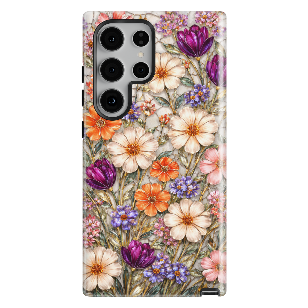 Elegant floral phone case with vintage garden flowers in pink, orange, and purple for iPhone 17 Pro Max and Samsung Galaxy S26 Ultra.
