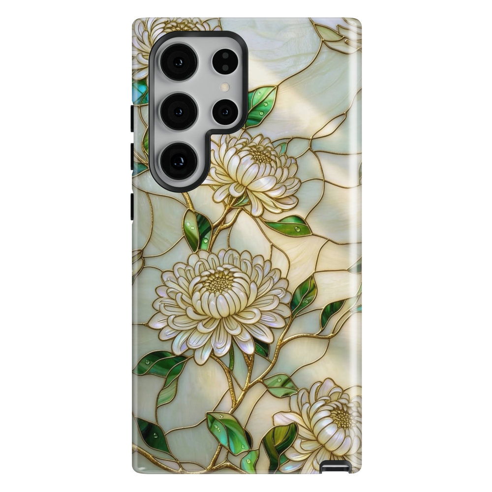 Ivory floral Samsung Galaxy S26 Ultra case with white chrysanthemum flowers and gold accents, elegant protective phone case.