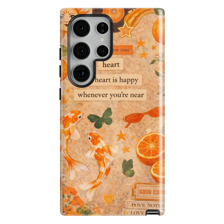 Orange aesthetic phone case with koi fish and love quote design protective cover for iPhone 16 Pro Max and Samsung Galaxy S25 Ultra