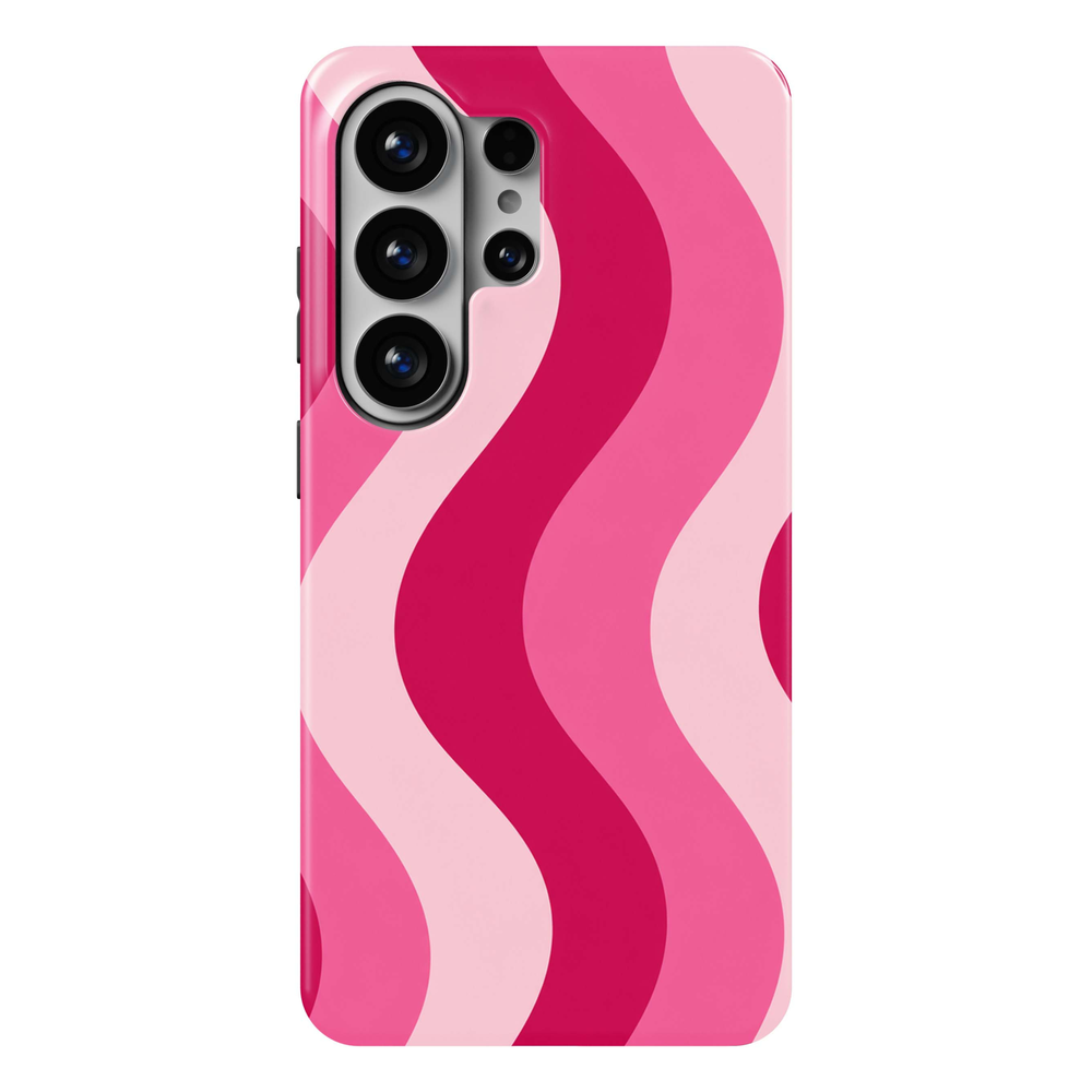 Pink Current Samsung Galaxy S26 Ultra case featuring oversized flowing waves in hot pink, raspberry, bubblegum pink and soft blush, a colorful feminine Galaxy S26 Ultra tough phone case with retro wavy striped design for Samsung Galaxy S26, S26 Plus and S26 Ultra.