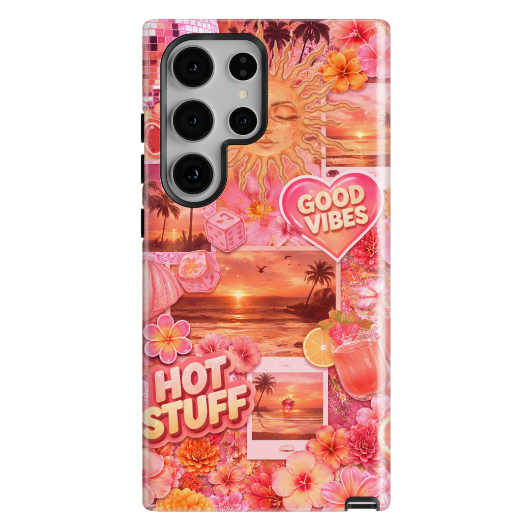 Pink sunset beach collage phone case with tropical flowers, palm trees, and summer aesthetic for iPhone 17 Pro Max and Samsung Galaxy S26 Ultra.