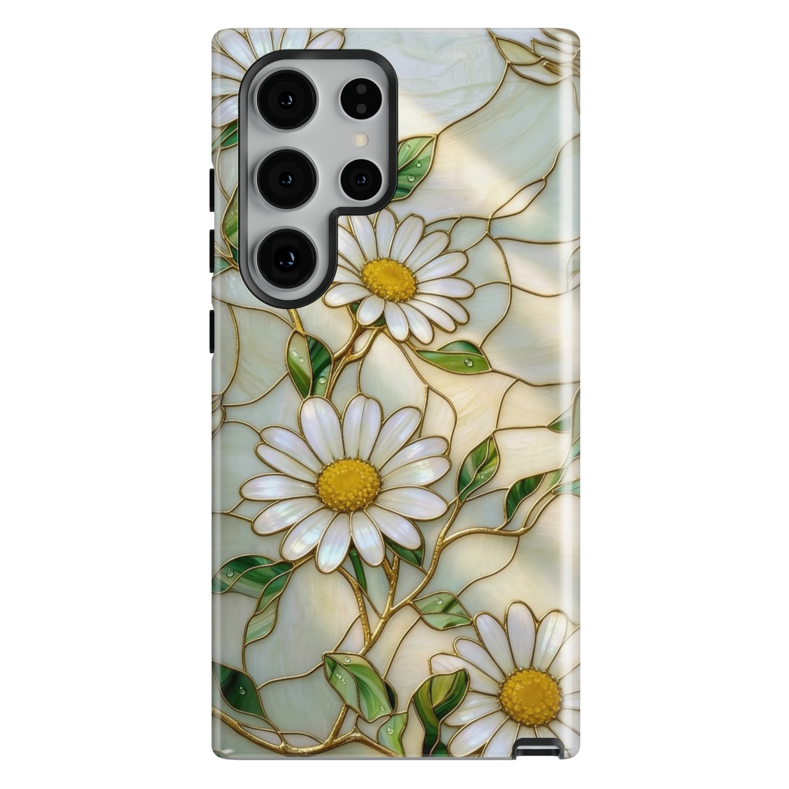 White daisy floral Samsung Galaxy S26 Ultra case with gold accents and soft neutral background, elegant protective phone case.