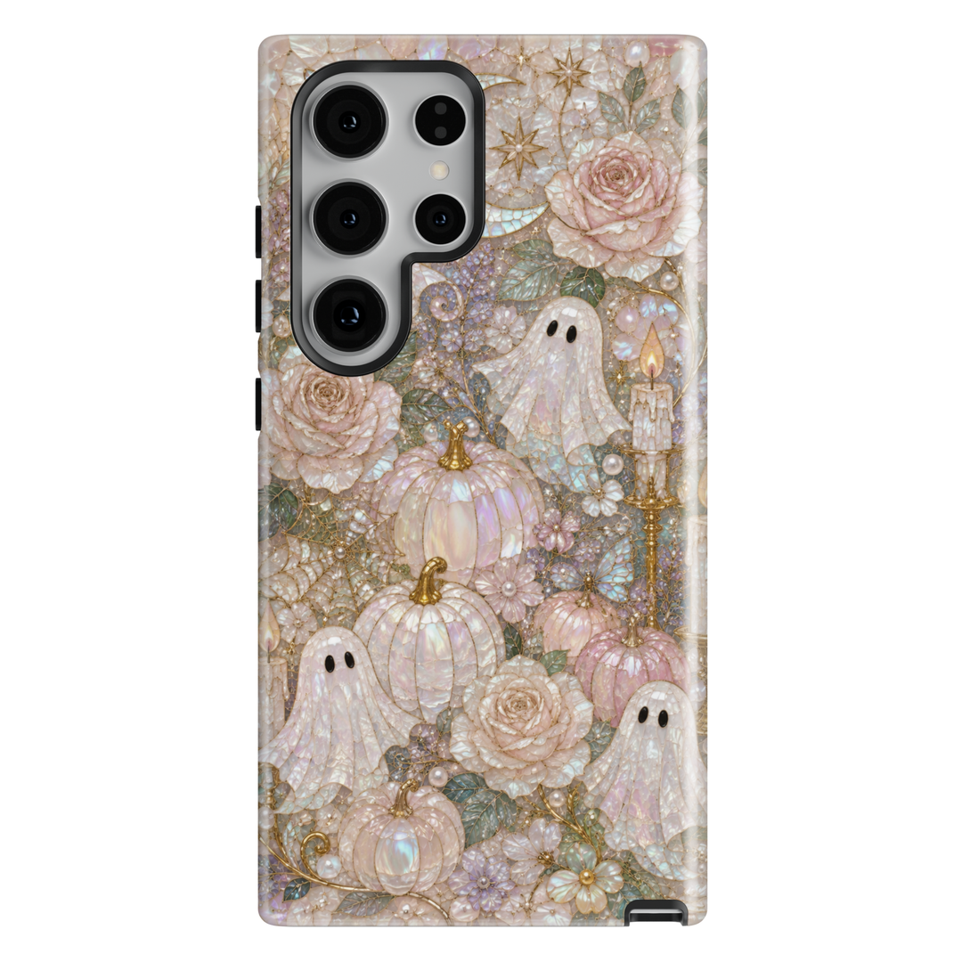 Samsung Galaxy phone case featuring cute pearlescent ghosts, blush pink pumpkins, roses, candles, butterflies, and stained-glass mosaic artwork.