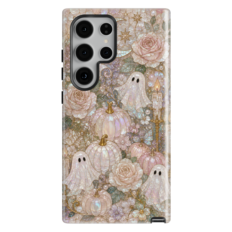 Samsung Galaxy phone case featuring cute pearlescent ghosts, blush pink pumpkins, roses, candles, butterflies, and stained-glass mosaic artwork.