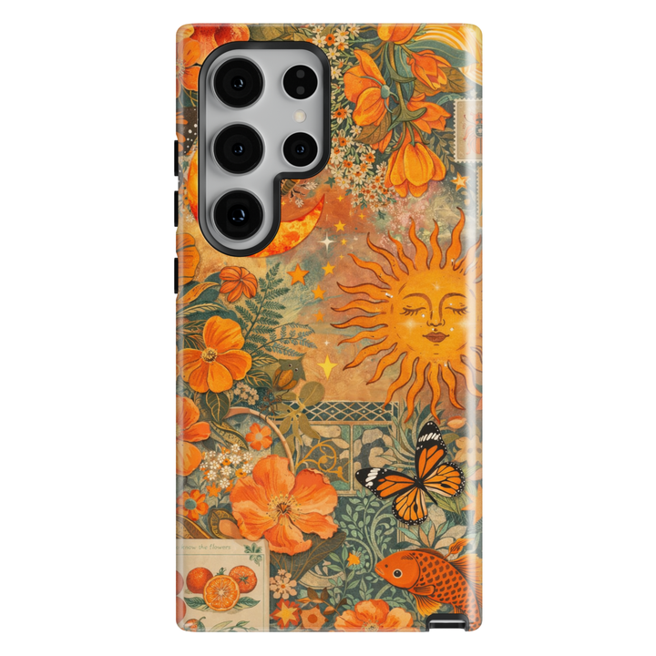 Celestial orange floral phone case with sun face and vintage botanical design for iPhone 16 Pro Max and Samsung Galaxy S25 Ultra