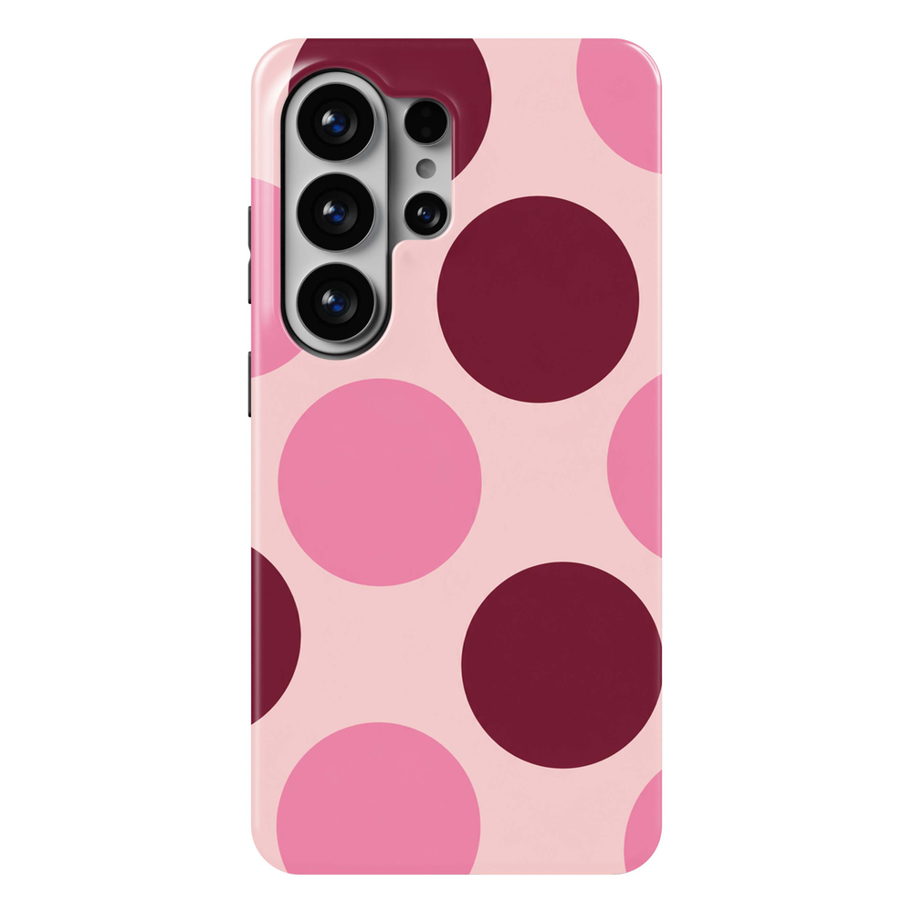 Double Take Samsung Galaxy S26 Ultra case featuring oversized blush pink, rosy pink and deep burgundy polka dots on a pale pink background, a feminine retro Galaxy S26 Ultra tough phone case with bold circle pattern for Samsung Galaxy S26, S26 Plus and S26 Ultra.