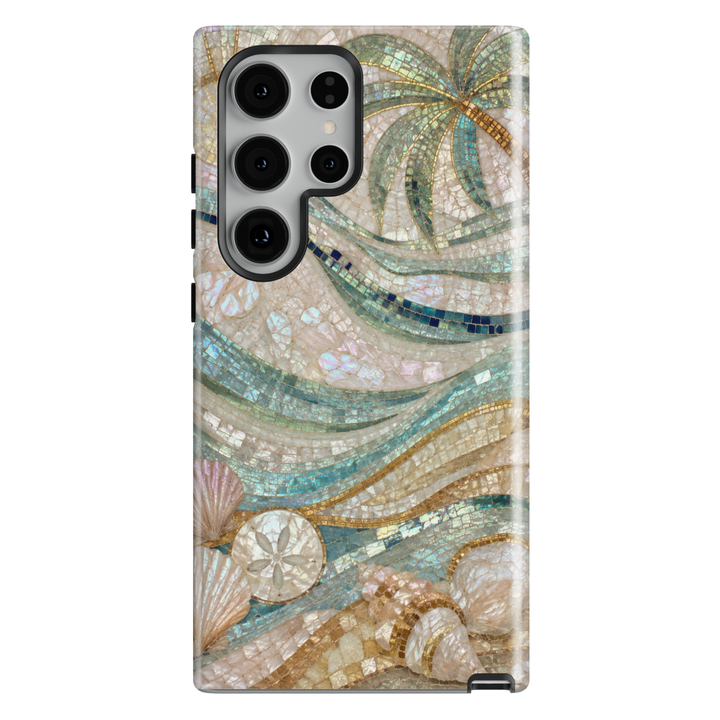 Samsung Galaxy phone case featuring turquoise mosaic ocean waves, palm tree, seashells, sand dollar, and tropical coastal stained-glass artwork.