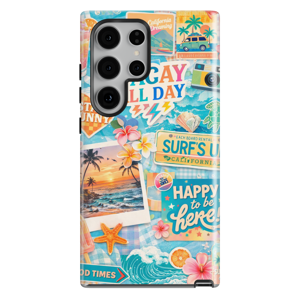 California summer beach collage phone case with sunset, palm trees, and ocean waves for iPhone 17 Pro Max and Samsung Galaxy S26 Ultra.