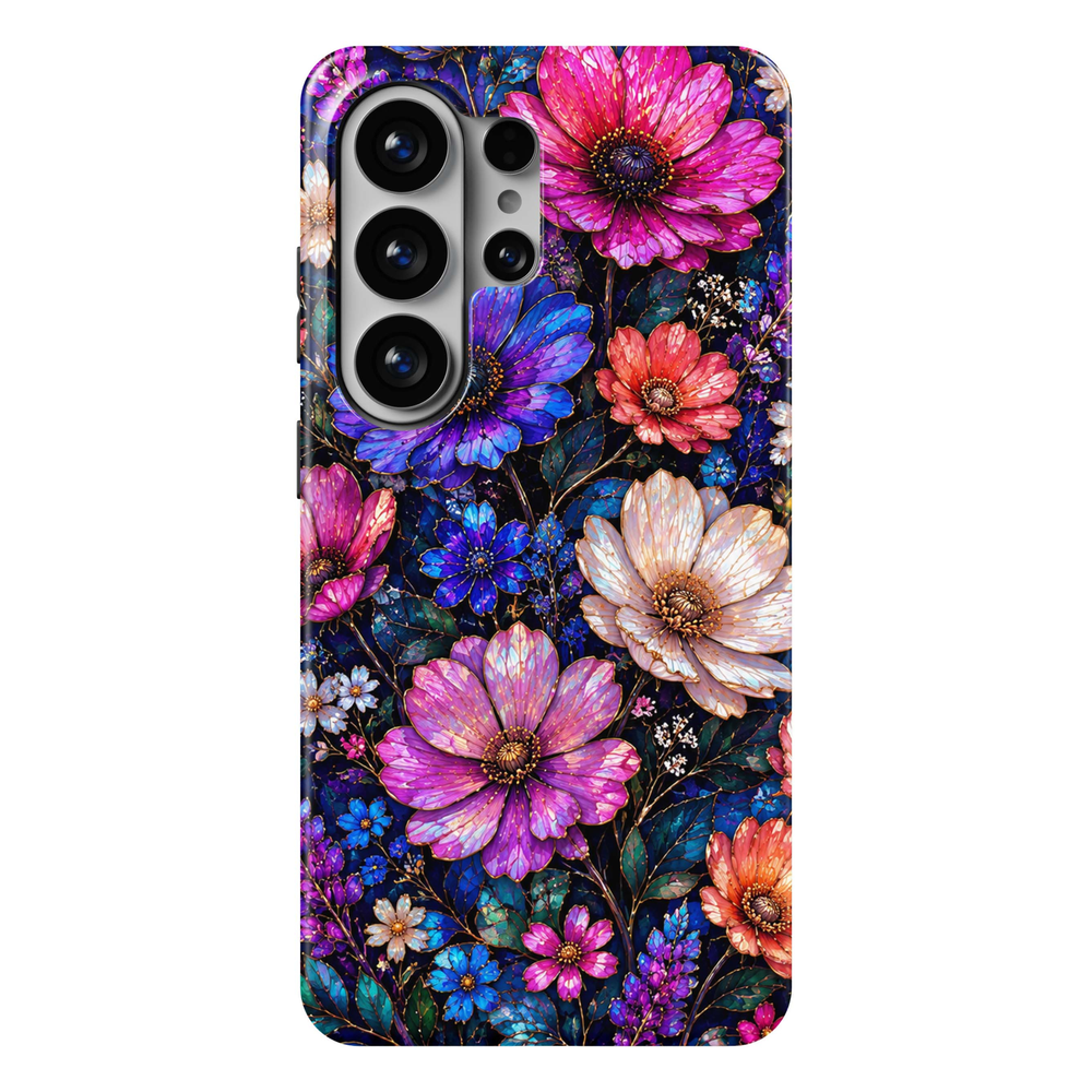 Midnight Bloom Samsung Galaxy S26 Ultra case featuring vibrant pink, purple, cobalt blue, coral and ivory flowers with dark teal leaves and gold-toned details on a midnight background, a colorful stained-glass-inspired Galaxy S26 Ultra tough floral phone case for Samsung Galaxy S26, S26 Plus and S26 Ultra.