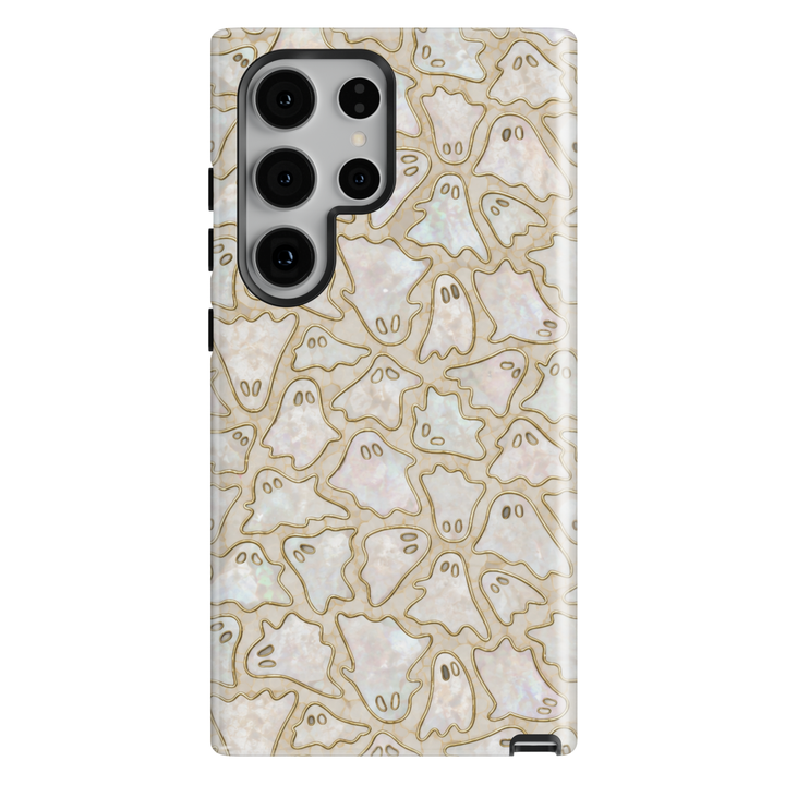 Samsung Galaxy phone case with cute pearl opal ghost pattern outlined in gold on a soft neutral background.