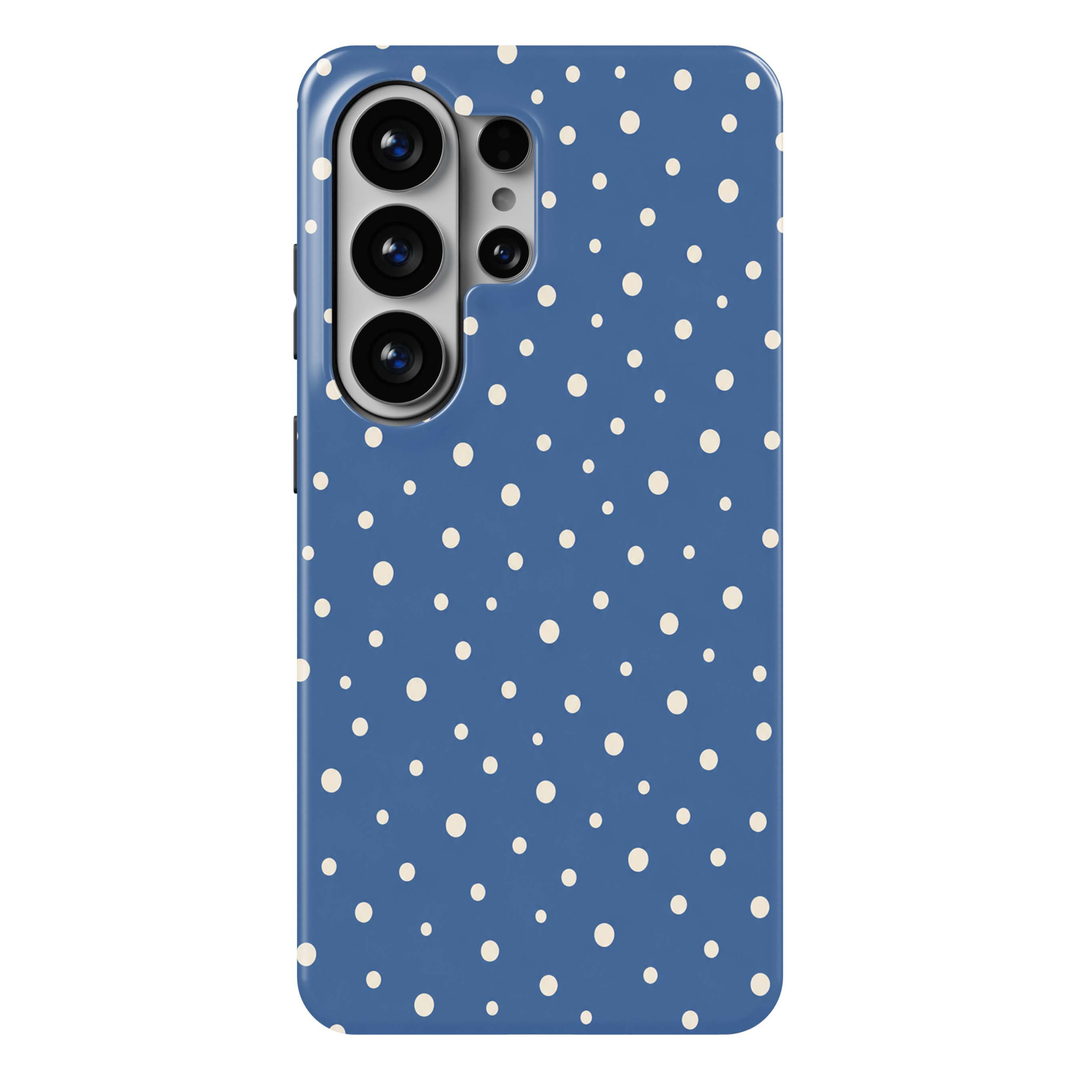 Blueberry Dots Samsung Galaxy S26 Ultra case with a muted medium-blue background and scattered irregular cream polka dots in different sizes, a cute minimalist blue Galaxy S26 Ultra tough phone case with a playful feminine dotted pattern.