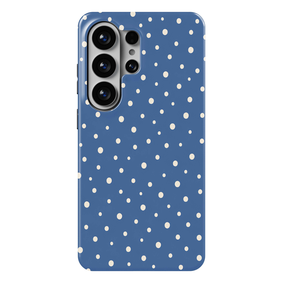 Blueberry Dots Samsung Galaxy S26 Ultra case with a muted medium-blue background and scattered irregular cream polka dots in different sizes, a cute minimalist blue Galaxy S26 Ultra tough phone case with a playful feminine dotted pattern.