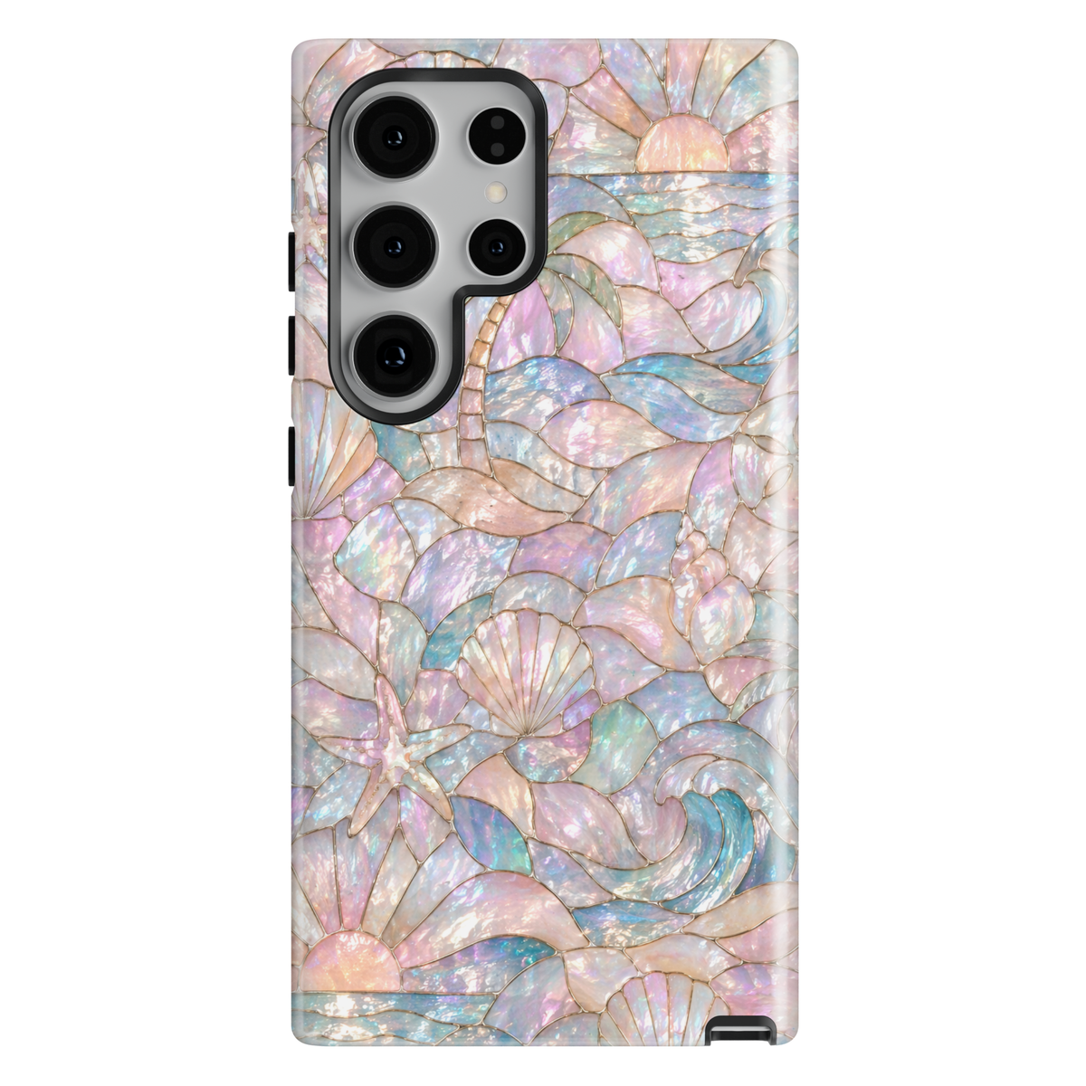 Iridescent ocean Samsung Galaxy S26 Ultra case with seashell and wave pattern, pastel beach aesthetic protective case.