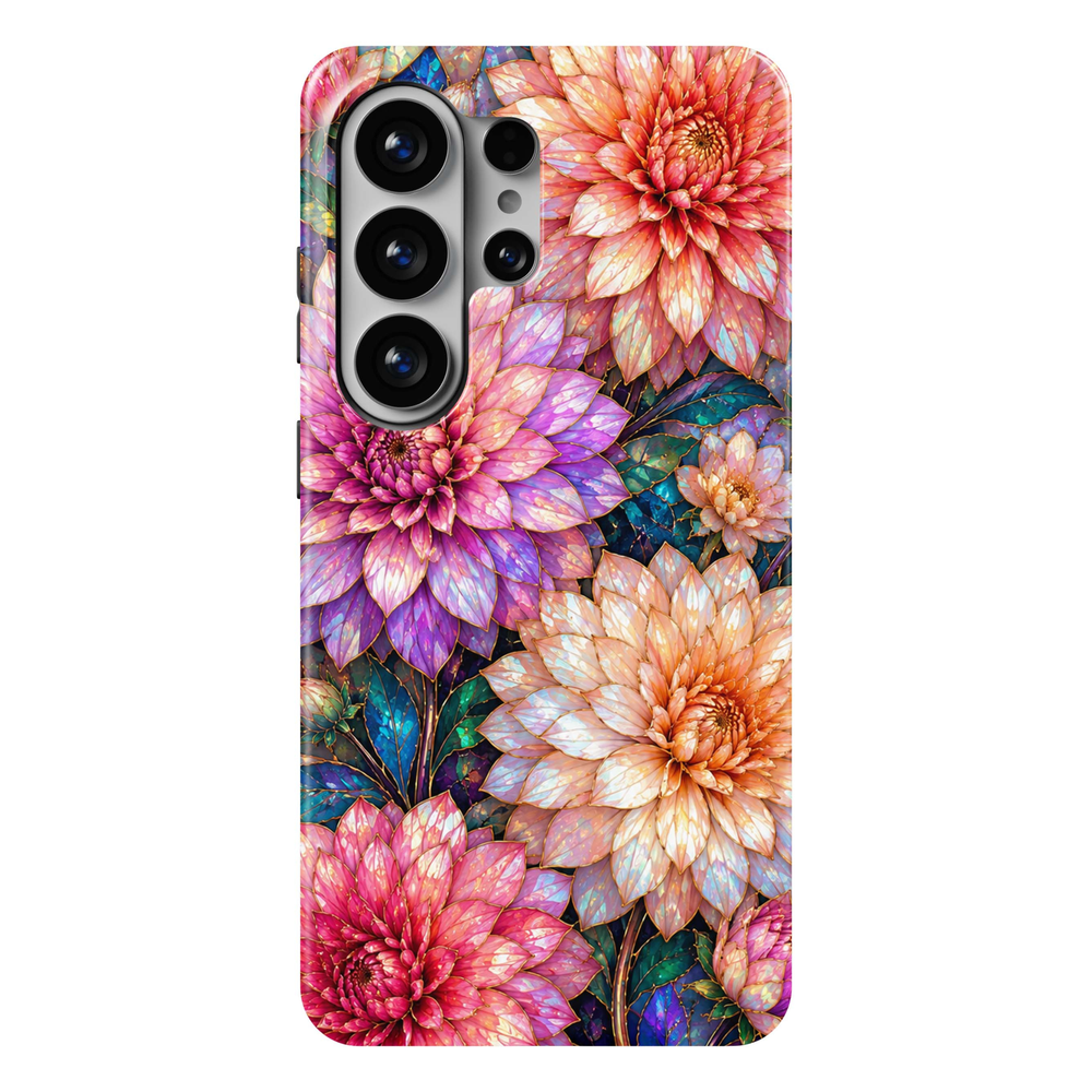 Golden Dahlia Samsung Galaxy S26 Ultra case featuring oversized coral, blush pink, fuchsia, lavender, peach and champagne dahlia flowers with teal foliage and gold-toned details, a luxurious stained-glass-inspired Galaxy S26 Ultra tough floral phone case for Samsung Galaxy S26, S26 Plus and S26 Ultra.