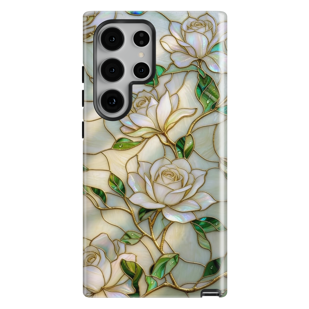 Ivory floral Samsung Galaxy S26 Ultra case with pearl finish and gold rose detailing, elegant protective phone case.