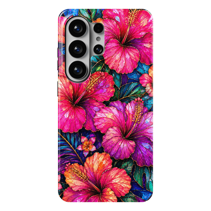 Tropical Paradise Samsung Galaxy S26 Ultra case with vibrant hot pink, fuchsia, coral and purple hibiscus flowers surrounded by teal, emerald and blue tropical leaves, a colorful stained-glass-inspired Galaxy S26 Ultra tough floral phone case for Samsung Galaxy S26, S26 Plus and S26 Ultra.