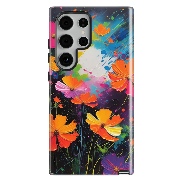 Samsung Galaxy phone case featuring vibrant abstract flowers in orange, pink, yellow, and purple with colorful paint strokes on a dark artistic background.