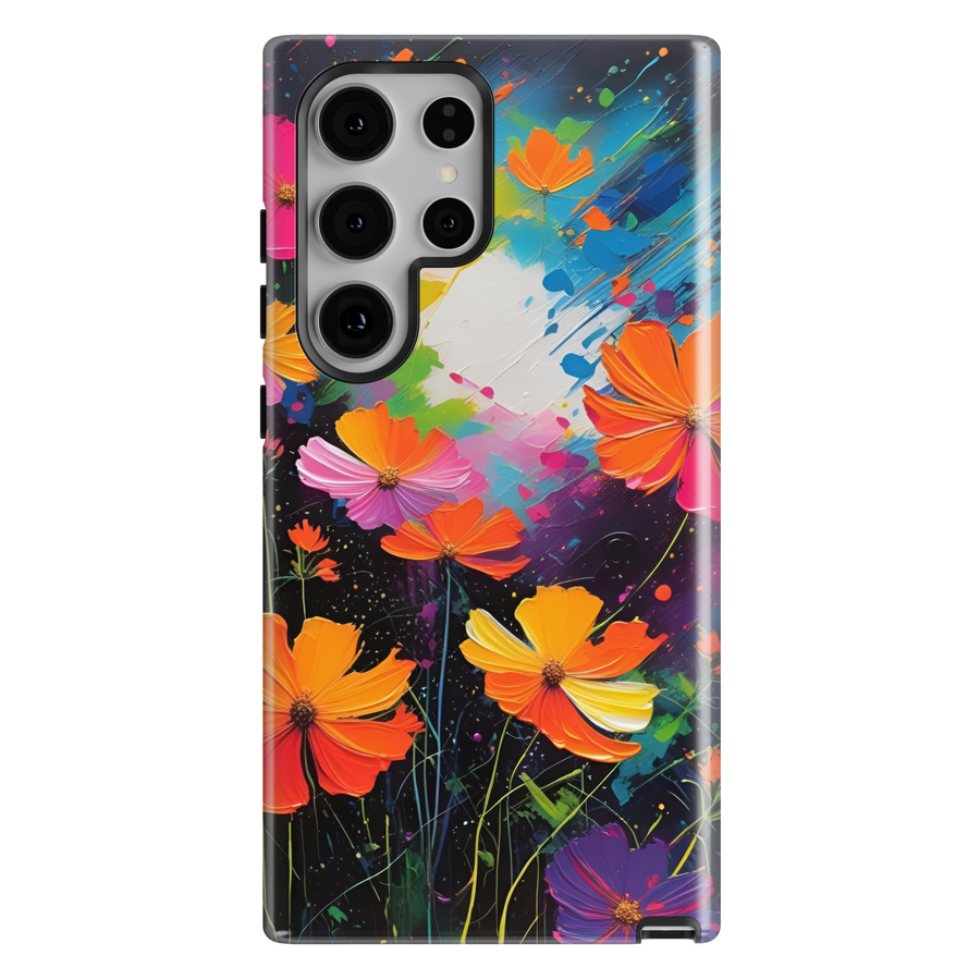 Samsung Galaxy phone case featuring vibrant abstract flowers in orange, pink, yellow, and purple with colorful paint strokes on a dark artistic background.