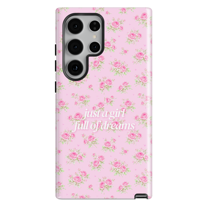 Pink floral aesthetic phone case with just a girl full of dreams quote, cute rose pattern iPhone 16 Pro Max case, Samsung Galaxy S26 Ultra S25 Ultra girly blush pink glossy protective cover