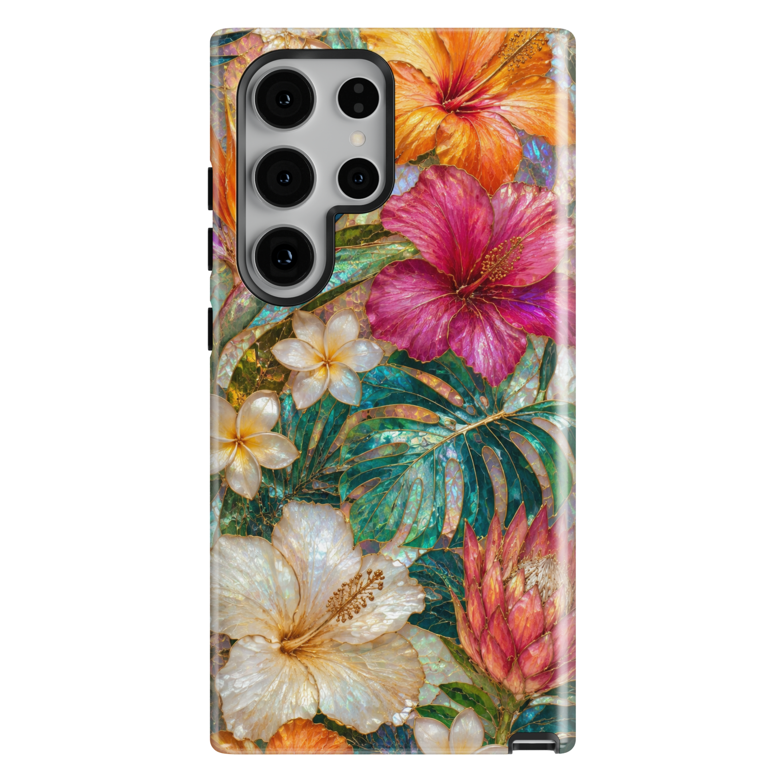 Exotic tropical Samsung Galaxy phone case with hibiscus flowers, botanical leaves, and colorful island-inspired artwork.