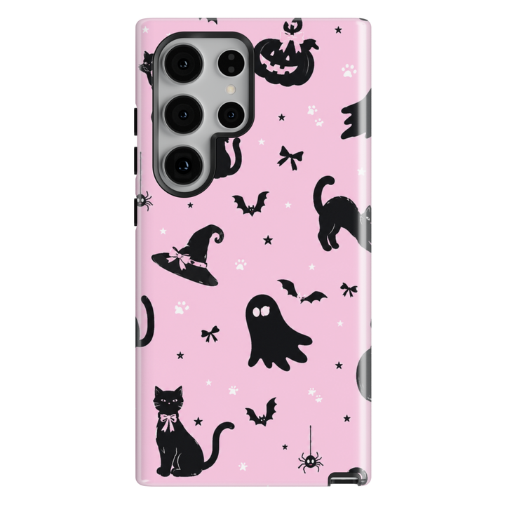 Pink Samsung Galaxy Halloween case featuring black cats, cute ghosts, witch hats, bats, pumpkins, bows and paw prints.